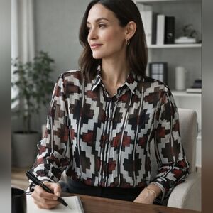 🖤 Liz Claiborne Sheer Geometric Button Front Blouse - Size Medium